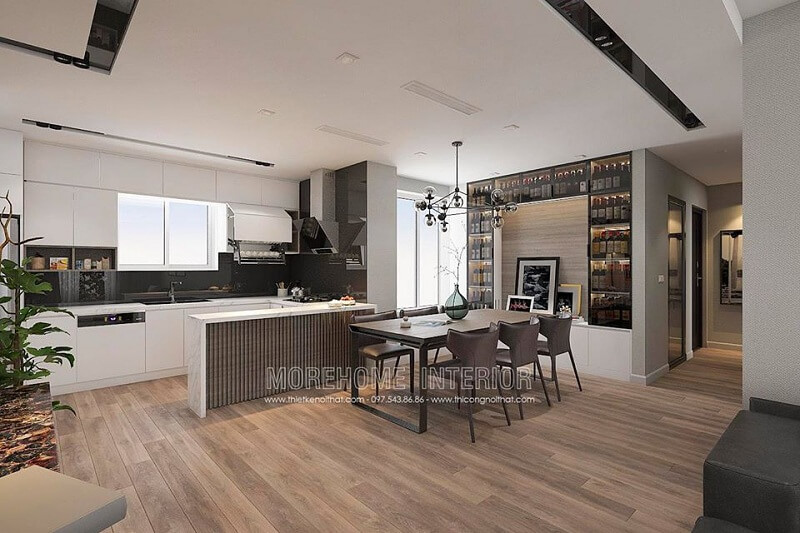 Thiết kế nội thất phòng bếp đẹp với hệ tủ bếp acrylic thông minh cùng bộ bàn ăn gỗ cao cấp cho căn hộ chung cư thêm sang trọng, đẳng cấp Thiết kế phòng bếp hiện đại