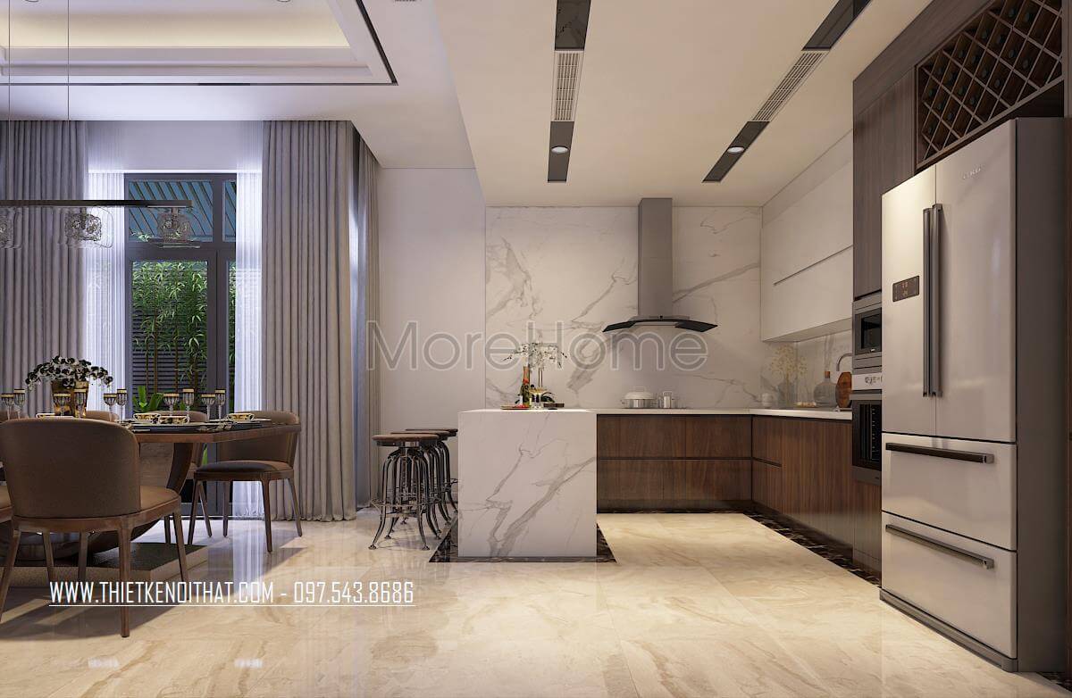 Mẫu tủ bếp gỗ công nghiệp veneer màu nâu chữ L hiện đại là điểm nhấn cho không gian bếp Tủ bếp gỗ, tủ bếp gỗ tự nhiên, tủ bếp tân cổ điển