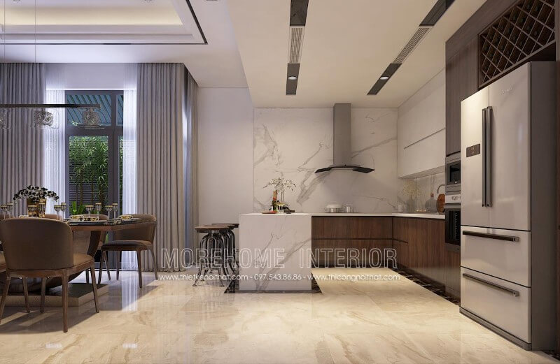 Mẫu tủ bếp đẹp hiện đại, đơn giản, không quá cầu kì vào các chi tiết, phần mặt tủ bếp được ốp đá nhân tạo sang trọng mà vô cùng sạch sẽ Tủ bếp gỗ, tủ bếp gỗ tự nhiên, tủ bếp tân cổ điển