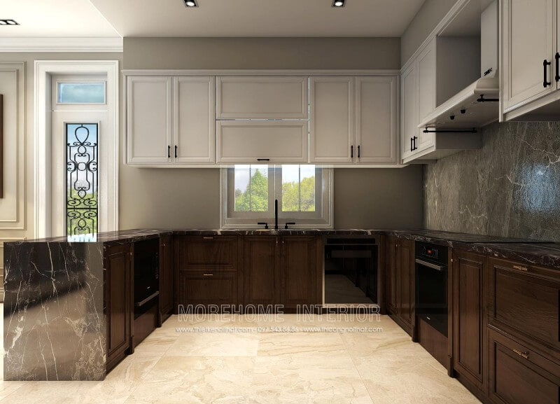 Thiết kế tủ bếp sang trọng và lạ mắt, ở khu vực nội trợ của gia chủ, KTS lựa chọn sử dụng kết hợp giữa 2 gam màu trắng và nâu mang lại không gian nhẹ nhàng, ấm cúng mà không quá nặng nề Tủ bếp gỗ, tủ bếp gỗ tự nhiên, tủ bếp tân cổ điển