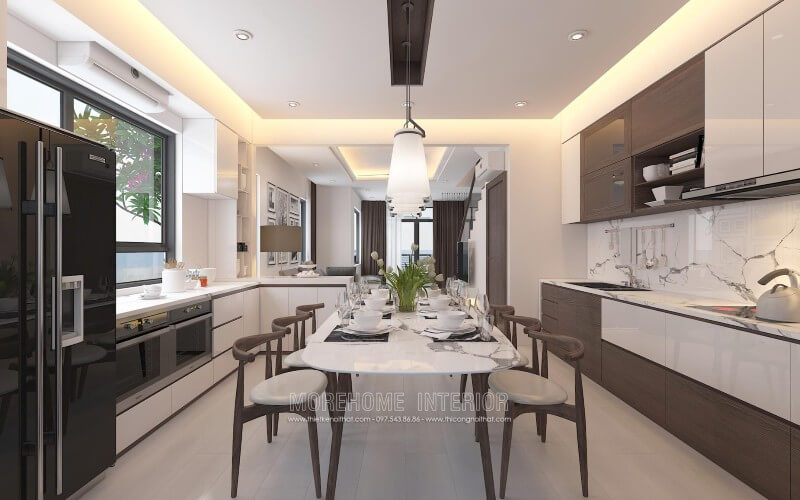 Mẫu tủ bếp gỗ công nghiệp với gam màu trắng chủ đạo mang lại không gian nhà bếp trẻ trung, thoải mái và đầy sang trọng Tủ bếp gỗ, tủ bếp gỗ tự nhiên, tủ bếp tân cổ điển