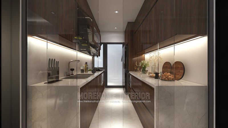 Tủ bếp gỗ Veneer óc chó với màu sắc nâu trầm sang trọng, đá ốp bếp nhân tạo sáng màu được sử dụng tạo điểm nhấn đẹp mang lại sự sang trọng, trẻ trung hơn Tủ bếp gỗ, tủ bếp gỗ tự nhiên, tủ bếp tân cổ điển