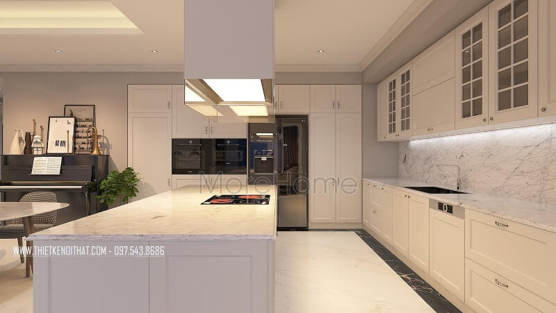 Phòng bếp được thiết kế tinh tế trong gam màu trắng tinh khôi với thiết bị bếp được lựa chọn mẫu thiết bị cao cấp nhất Mẫu nội thất chung cư đẹp