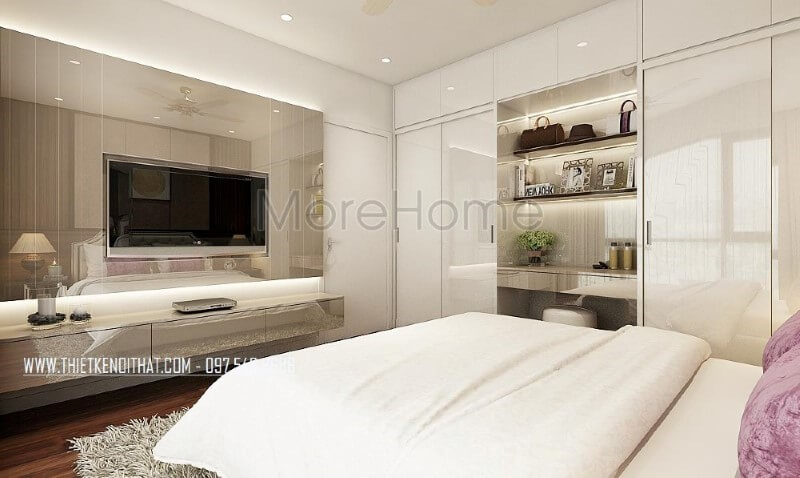 Kệ trang trí gỗ công nghiệp nhưng đẹp, sang trọng lựa chọn ấn tượng cho phòng ngủ master hiện đại. Mẫu nội thất chung cư đẹp