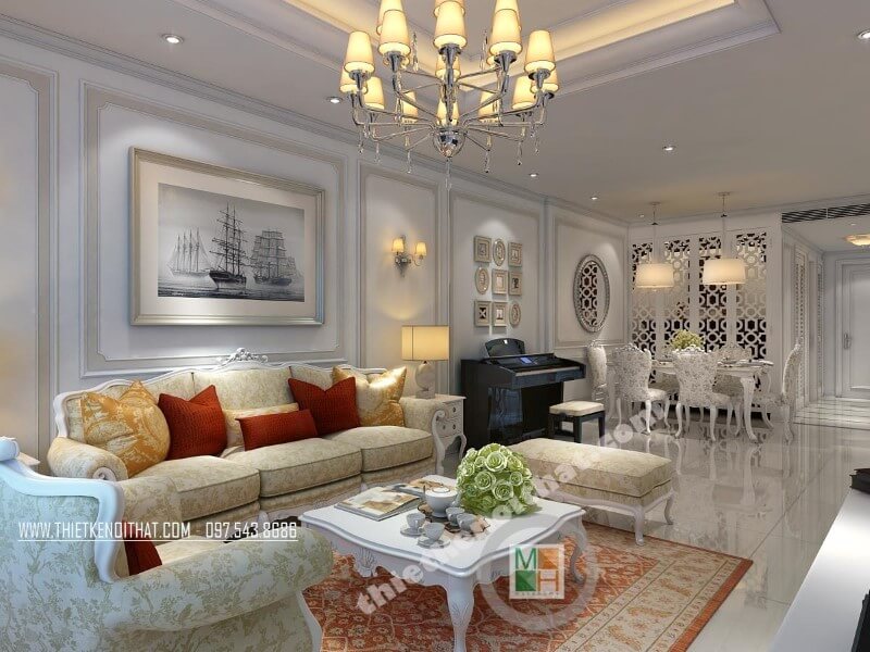 Bộ sofa tân cổ điển với chất liệu khung gỗ tự nhiên phun sơn trắng cao cấp đã để lại ấn tượng sâu sắc cho bất cứ ánh mắt nào khi nhìn vào Mẫu nội thất chung cư đẹp