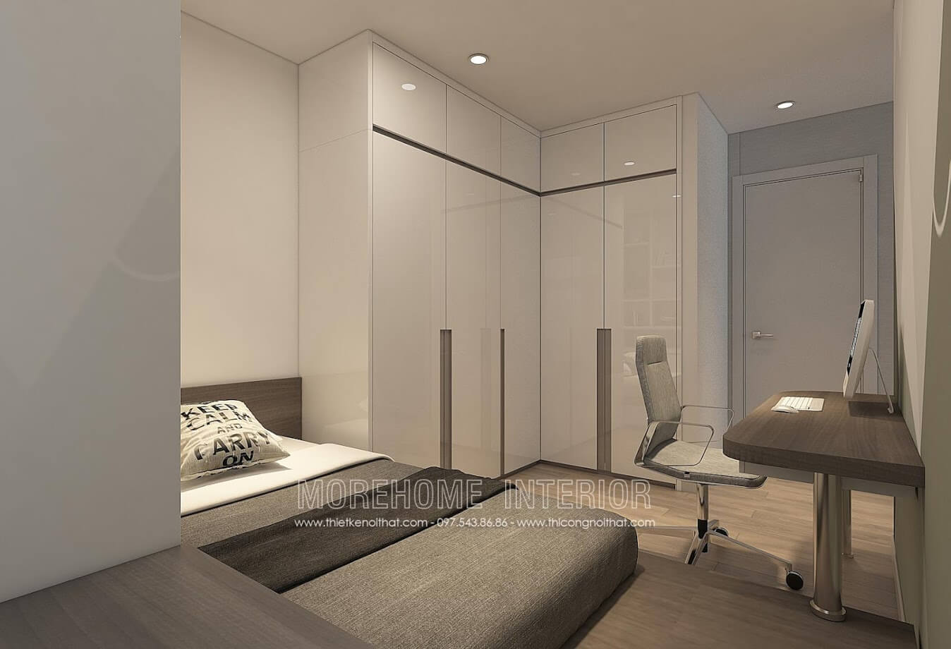 Tủ áo phòng ngủ Master chữ L, tay nắm vát cắt CNC Mẫu nội thất chung cư đẹp