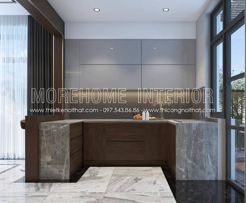 Mẫu tủ bếp đẹp phong cách hiện đại được làm từ chất liệu gỗ công nghiệp nhẹ nhàng phù hợp với nhiều không gian sống như chung cư, biệt thự... Tủ bếp đẹp