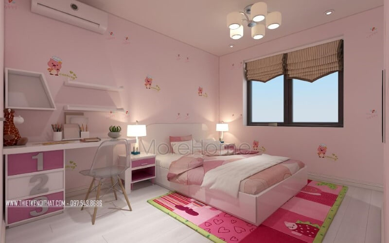 Sắc hồng đẹp, đáng yêu từ giấy, thảm trải, tường, tab đầu giường, bàn học cho phòng ngủ con gái. Mẫu nội thất biệt thự đẹp