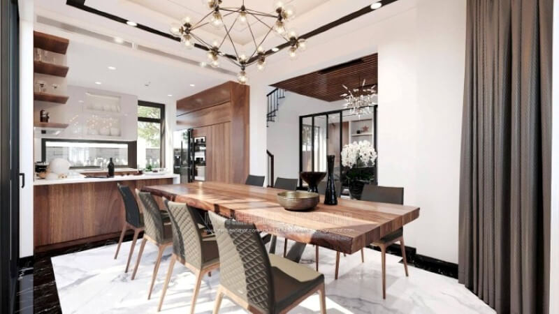 Sẽ là một gợi ý độc đáo với sự hiện hữu tủ bếp gỗ óc chó veneer trầm ấm kết hợp gam màu trắng sáng, long lanh từ tủ bếp trên gỗ công nghiệp acrylic và mặt bàn bếp đá nhân tạo LG. Sự tương phản giữa 2 sắc màu sẽ là ý tưởng tuyệt vời cho thiết kế nội thất phòng bếp hiện đại cho không gian nhà phố, biệt thự. Tủ bếp gỗ công nghiệp và tủ bếp acrylic