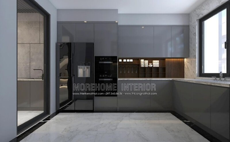 Mẫu tủ bếp gỗ công nghiệp acrylic màu xám đẹp mắt trong thiết kế nội thất phòng bếp hiện đại sẽ là lựa chọn khá phù hợp với các không gian như chung cư, biệt thự, nhà phố. Tủ bếp gỗ công nghiệp và tủ bếp acrylic
