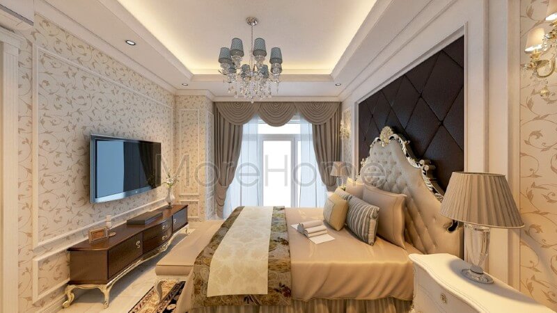 Các đường nét trạm khắc tinh xảo trên chiếc giường ngủ là điểm nhấn thu hút nhất trong căn phòng, với thiết kế tỉ mỉ này, kiến trúc sư đã mang đến sự mới mẻ và sáng tạo cho không gian thư giãn Thiết kế chung cư