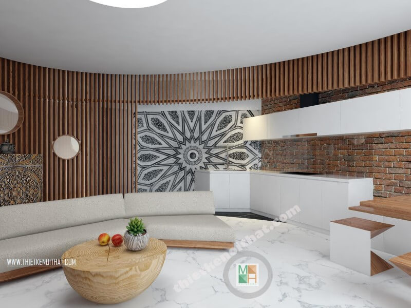 Mẫu thiết nội thất chung cư Green Stars Phạm Văn Đồng hiện đại thay vì sử dụng thiết kế vuông hay chữ nhật thường thấy, kiến trúc sư tạo mô hình không gian hình Elip và xuyên suốt giữa 3 không gian phòng khách, bếp và phòng ăn mang tới không gian sử dụng tối ưu cho người dùng. Thiết kế chung cư