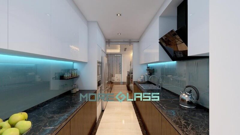 Thiết kế, thi công kính bếp cường lực màu xanh dương đẹp tạo điểm nhấn nổi bật