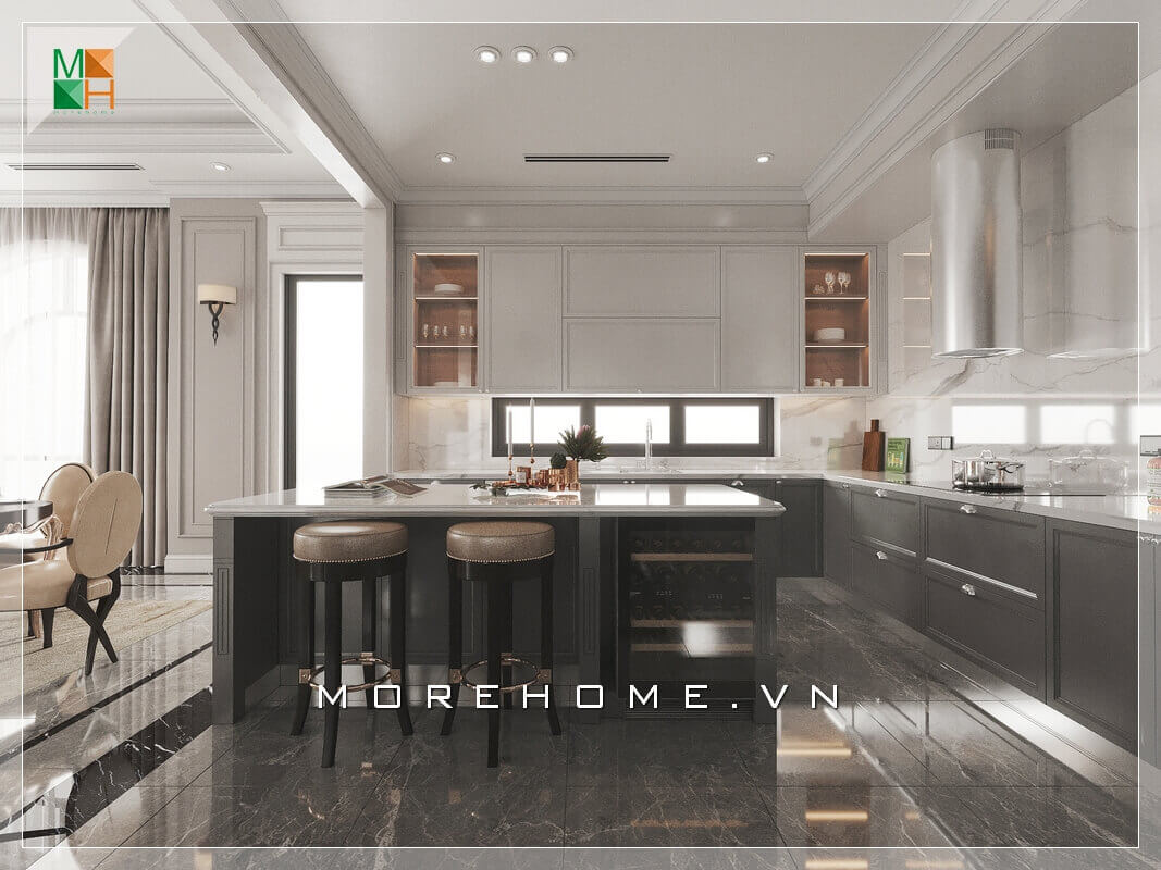 Mẫu tủ bếp hiện đại từ tủ bếp treo tường đến đảo tủ hai ghế tròn bọc da không tựa, tất cả đều thiết kế hoàn hảo biến căn phòng bếp biệt thự trở nên sống động và tiện nghi.