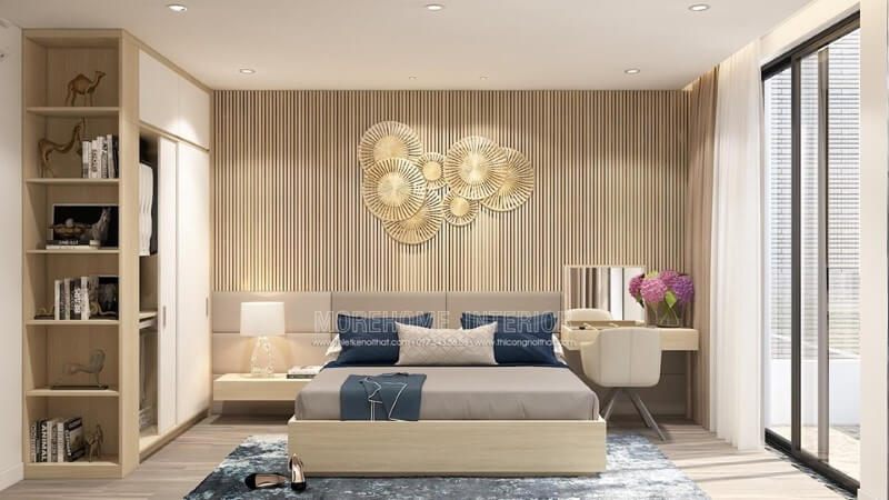 Mẫu tủ quần áo cửa trượt gỗ công nghiệp với thiết kế đa năng kết hợp kệ trang trí thêm cho phòng ngủ hiện đại