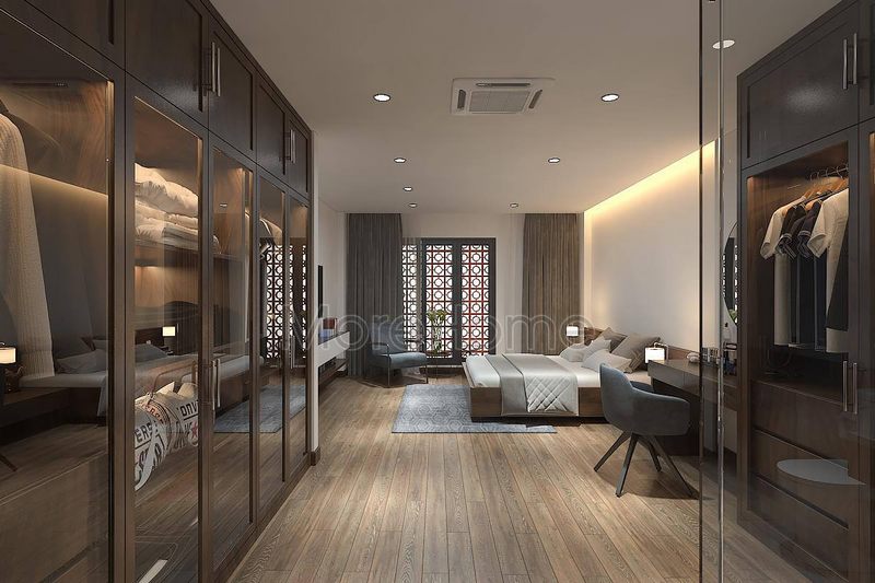 Mẫu tủ quần áo gỗ tự nhiên với thiết kế cửa kính sang trọng cho phòng ngủ nhà phố hiện đại