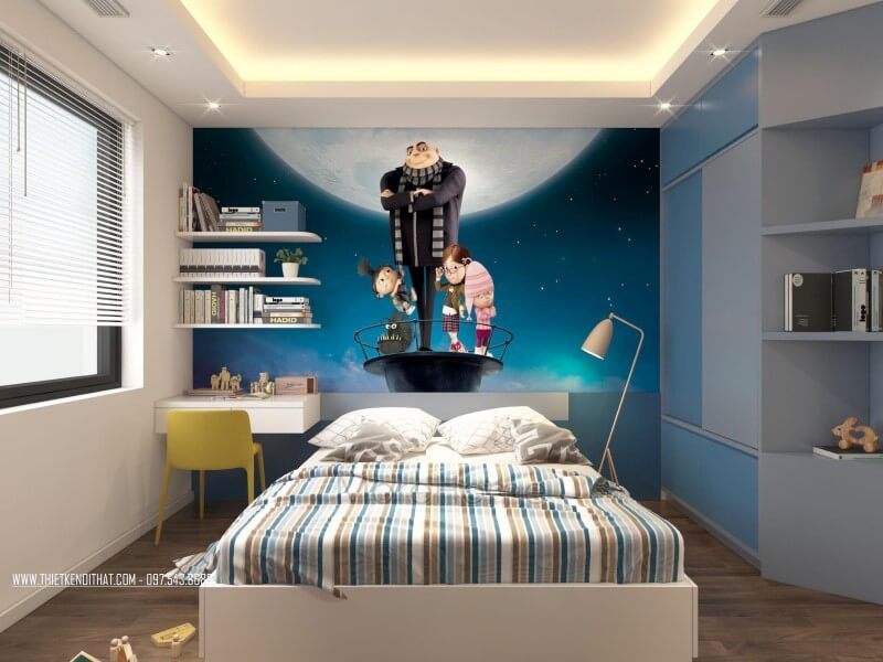 Mẫu tủ quần áo kèm kệ trang trí với thiết kế cửa trượt sát trần với tông màu xanh xám cho phòng ngủ của bé