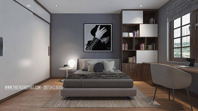 Diện tích phòng ngủ được cải tiện nhưng vẫn đảm bảo được công năng khi thiết kế tủ quần áo âm tường cửa trượt gỗ hiện đại