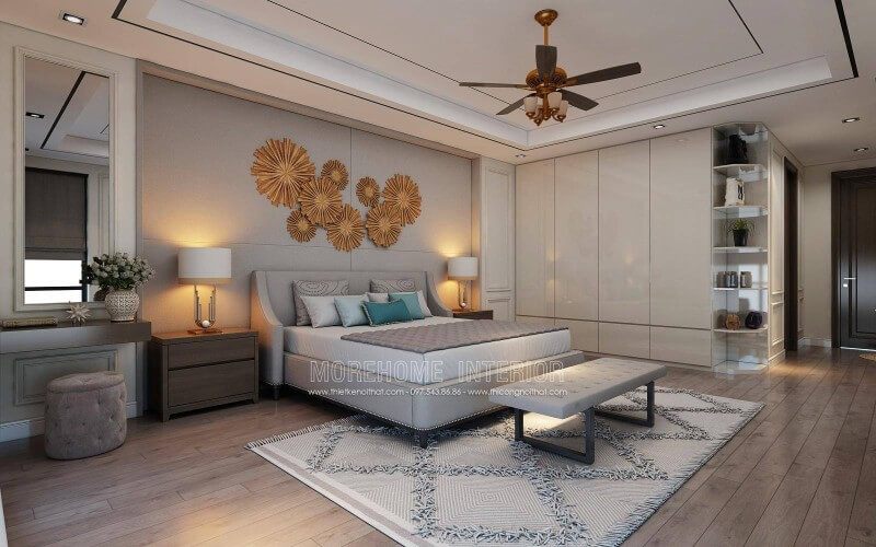 Mẫu tủ quần áo gỗ hiện đại kết hợp tủ trang trí kính cho phòng ngủ