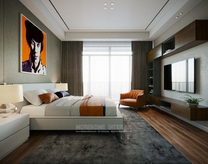 Trang trí nội thất phòng ngủ hiện đại ấn tượng với điểm nhấn cam xen kẽ giữa 2 gam màu trắng, xám tương phản.