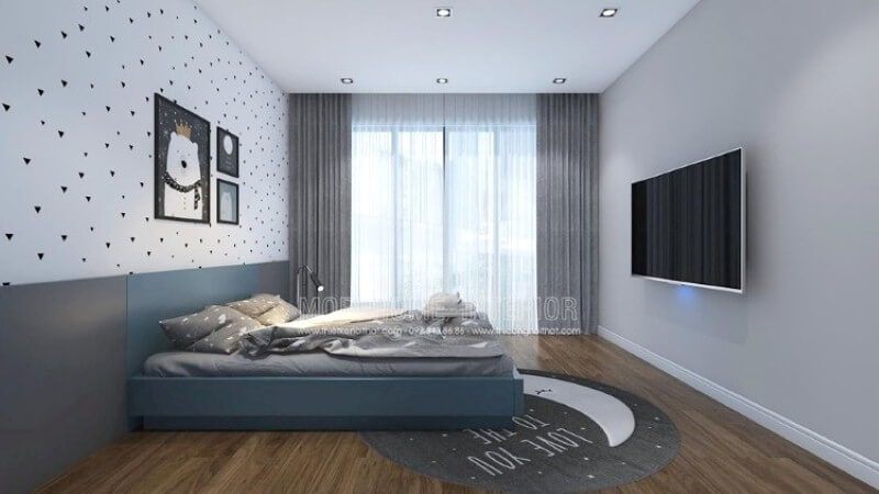 Ý tưởng trang trí phòng bé đơn giản với cửa lớn cùng rèm 2 lớp giúp phòng bé luôn tràn trề sinh khí nhưng vẫn giảm thiểu tối đa sức nóng ngày hè oi ả.