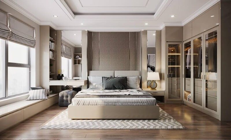 Giường ngủ gỗ công nghiệp hiện đại với đầu giường được ốp nỉ cao cấp với các đường chỉ bằng gương tạo nên vẻ tinh tế cho căn phòng.