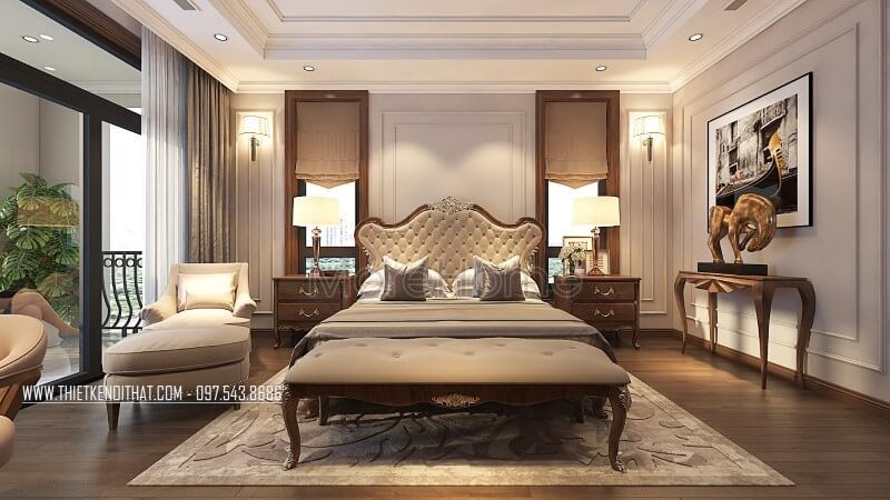 Hình ảnh giường ngủ bằng gỗ óc chó phong cách tân cổ điển sang trọng