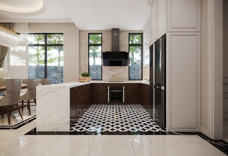 Gạch bông hoa văn giả cổ lát để làm nền đẹp cho phòng bếp đương thời.