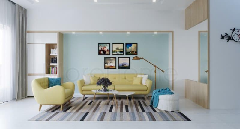 Mẫu sofa gỗ bọc vải với tông màu vàng sáng được tạo ra để làm nổi bật cho căn phòng.